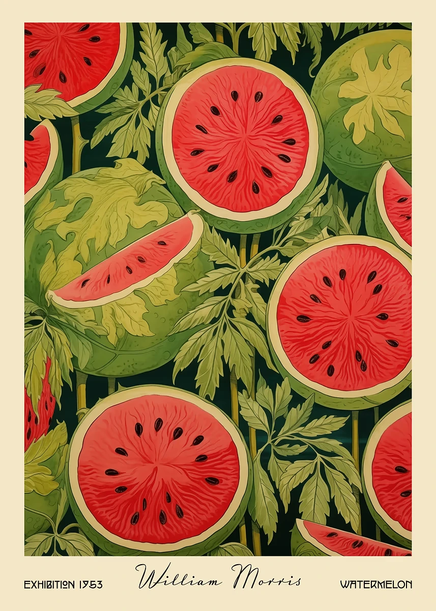 Plakat z owocami i warzywami w stylu William Morris Różowy