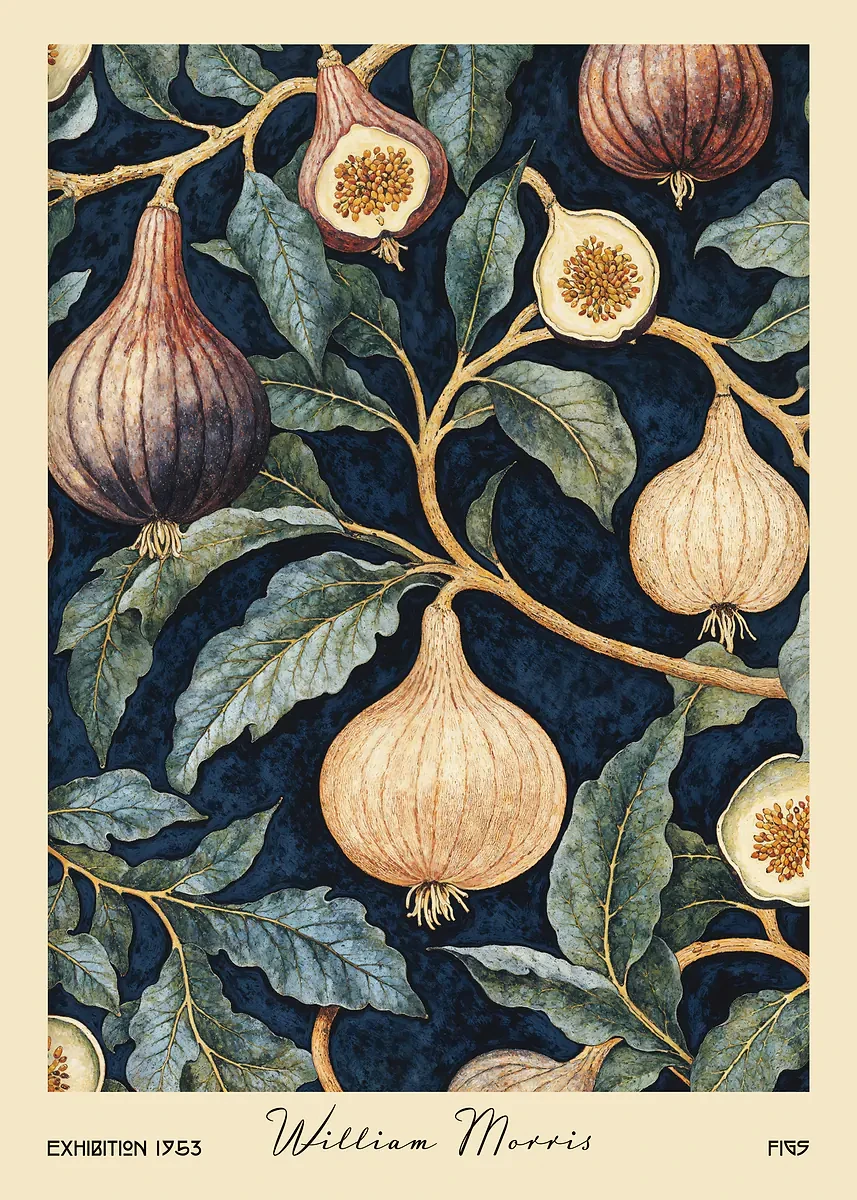 Plakat z owocami i warzywami w stylu William Morris żółty