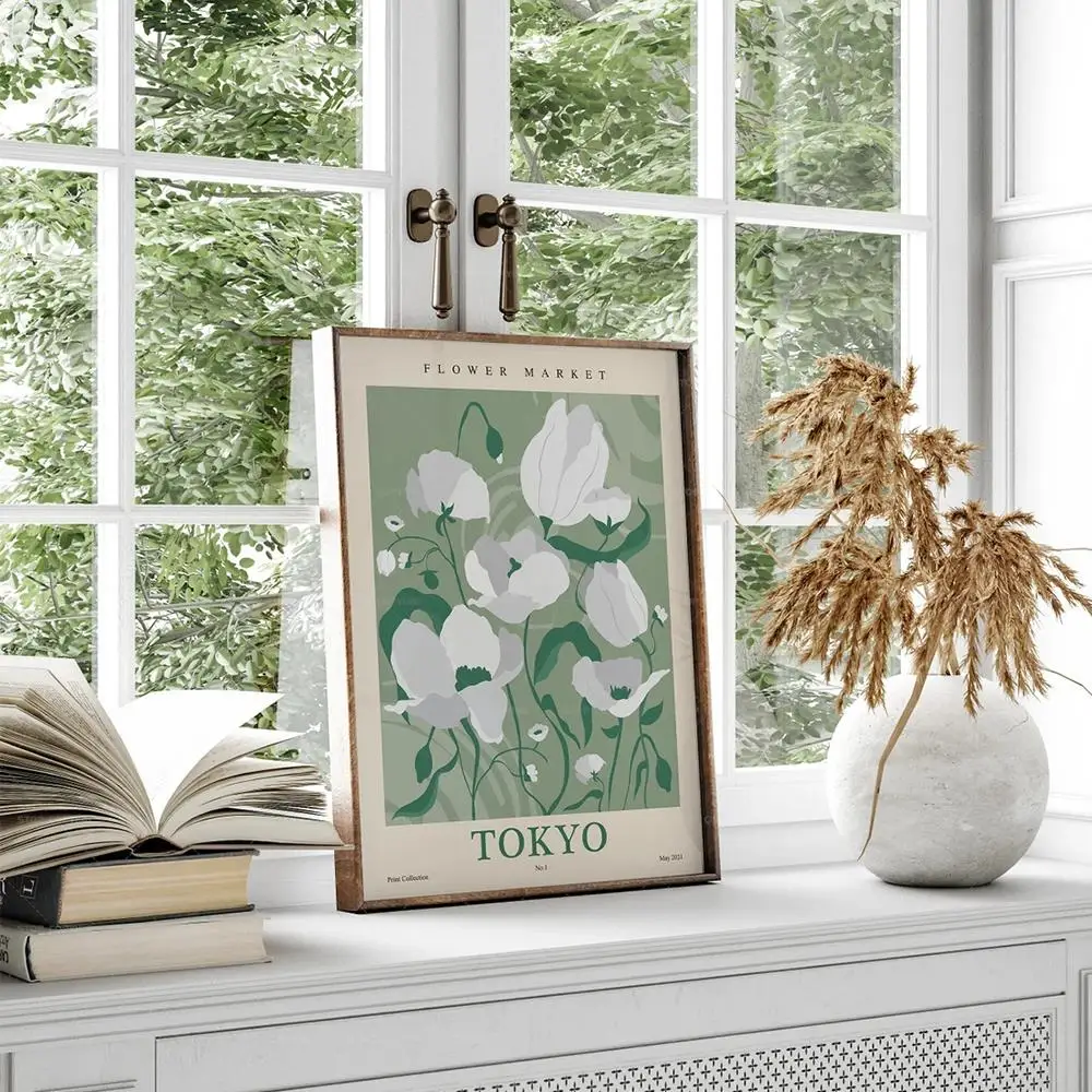 Plakat kwiatowy market w stylu Matisse i szałwiowej zieleni Biały