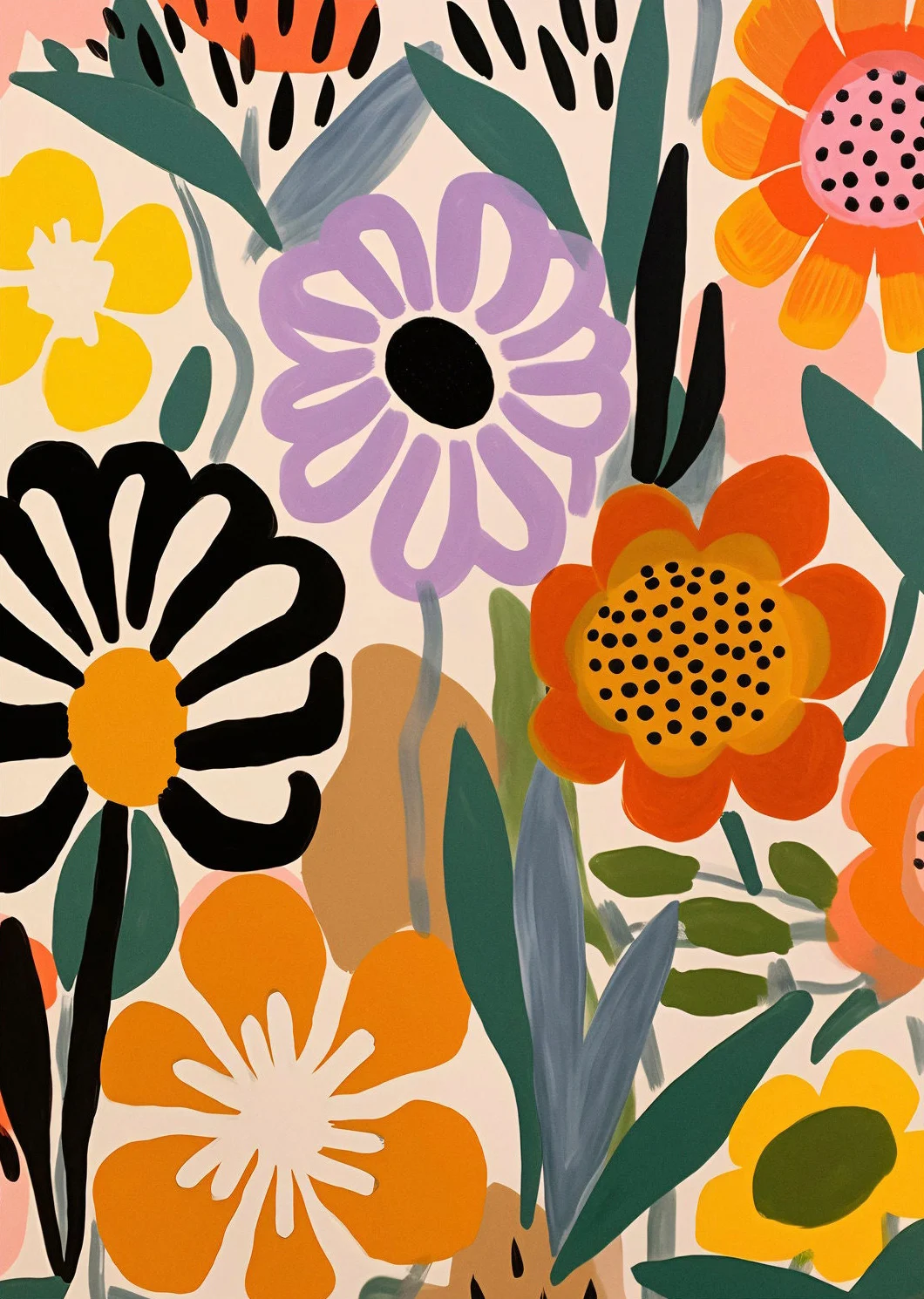 Kwiaty w stylu mid-century vintage Czarny