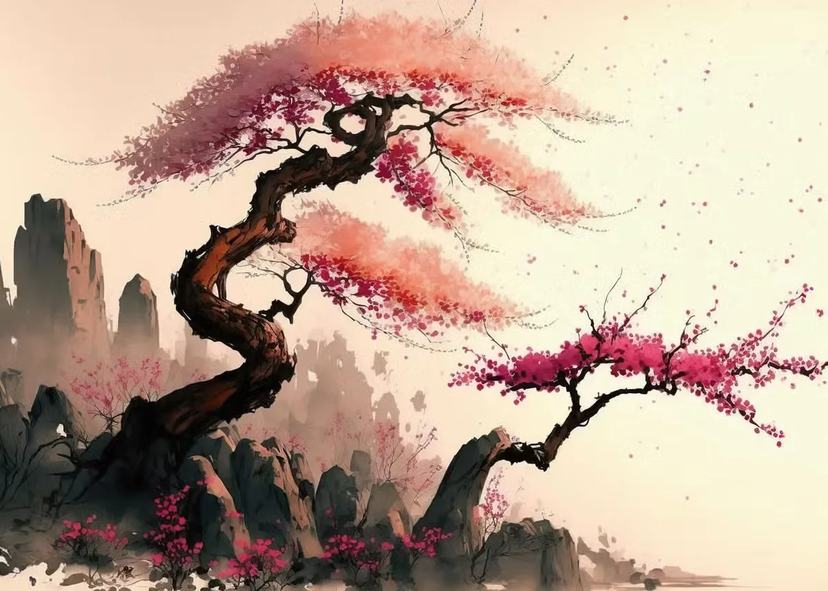 Kwitnąca wiśnia sakura w stylu vintage Fioletowy