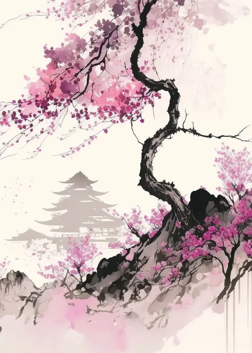 Kwitnąca wiśnia sakura w stylu vintage Złoto