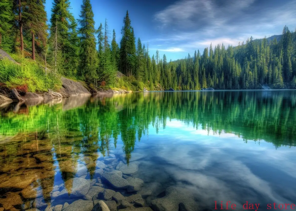 Plakat las gora jezioro natura Zielony