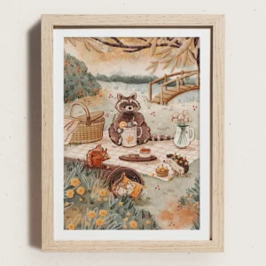 Plakat leśne zwierzęta z bajek vintage Burgundia