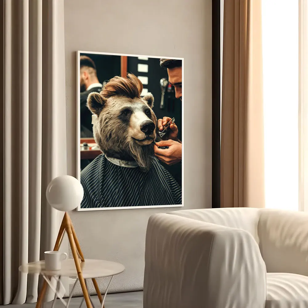 Lew u fryzjera - zabawny plakat na ścianę Granatowy