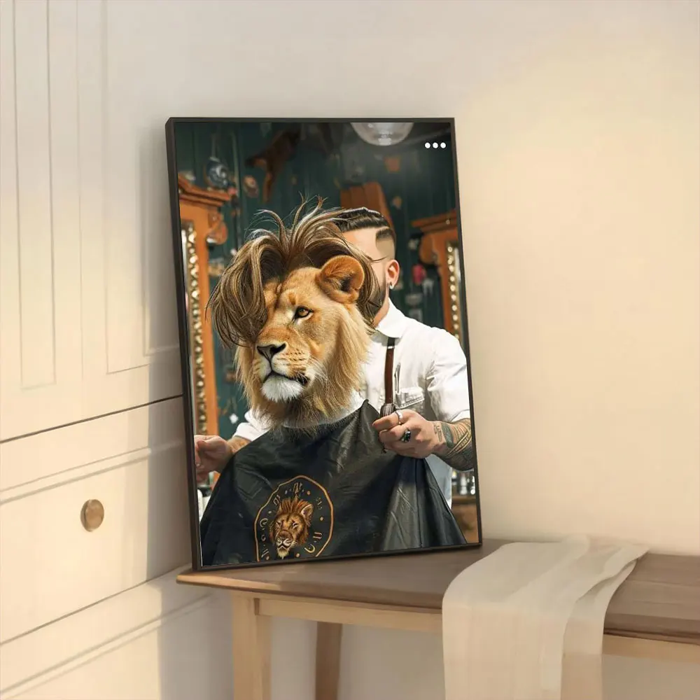 Lew u fryzjera - zabawny plakat na ścianę Niebieski