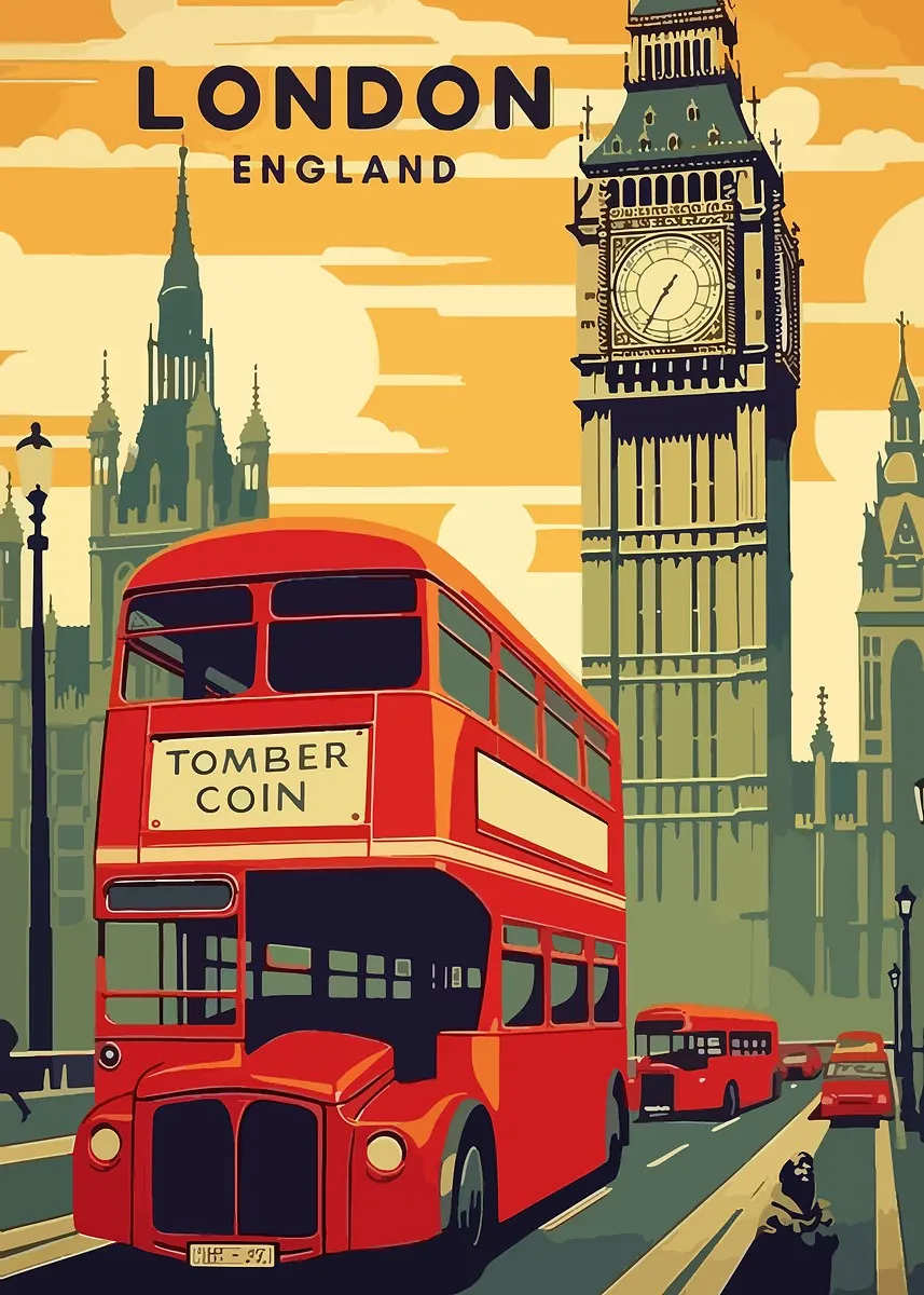 Plakat Londyn retro - czerwony autobus Wzór 2