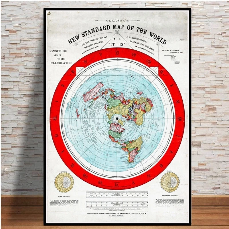 Plakat mapa płaskiej Ziemi vintage 1892 Biały