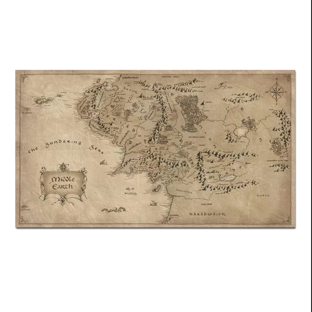 Plakat mapa Śródziemia w stylu vintage żółty