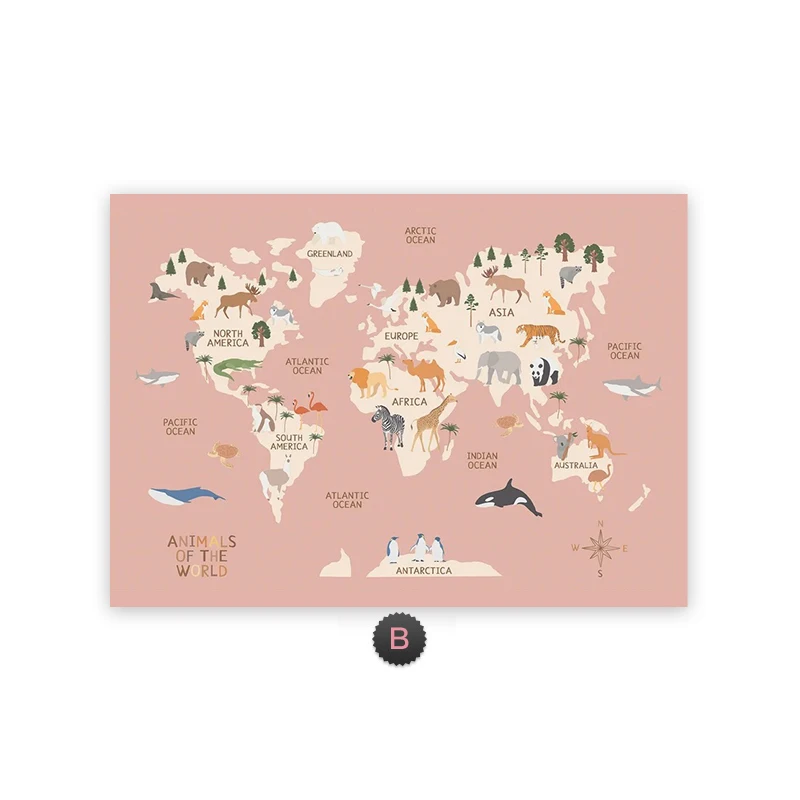 Plakat mapa świata ze zwierzętami Wzór 2