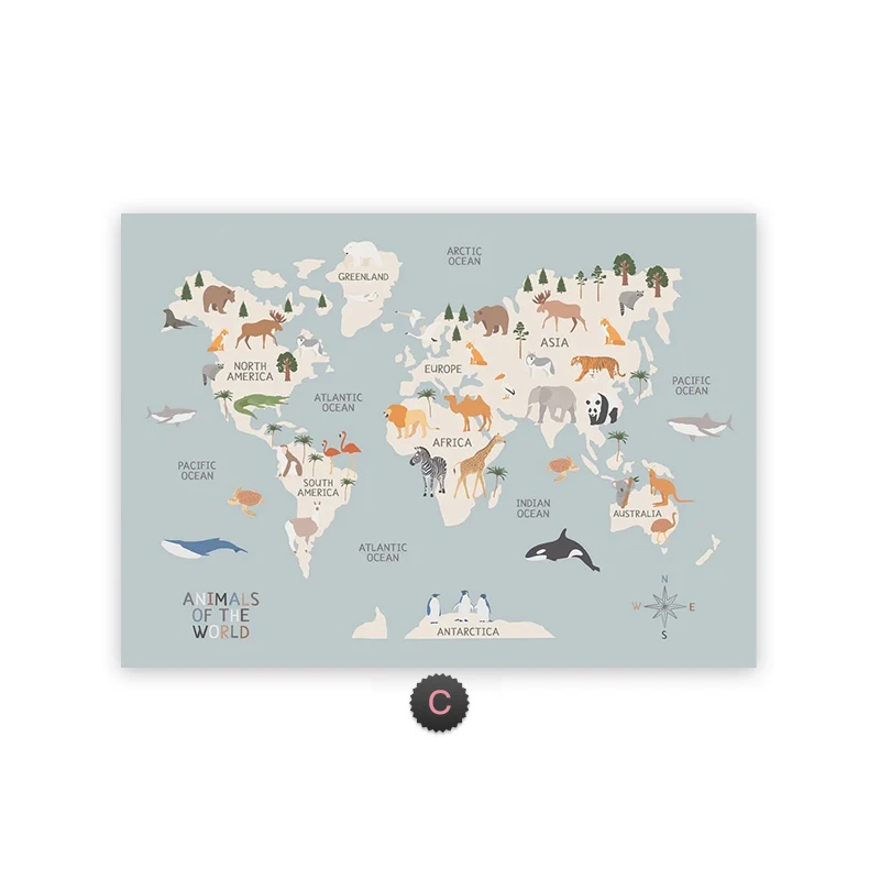 Plakat mapa świata ze zwierzętami Wzór 3