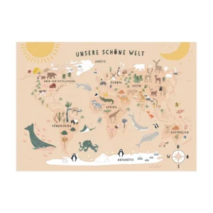 Plakat Mapa Świata ze Zwierzętami dla Dzieci żółty