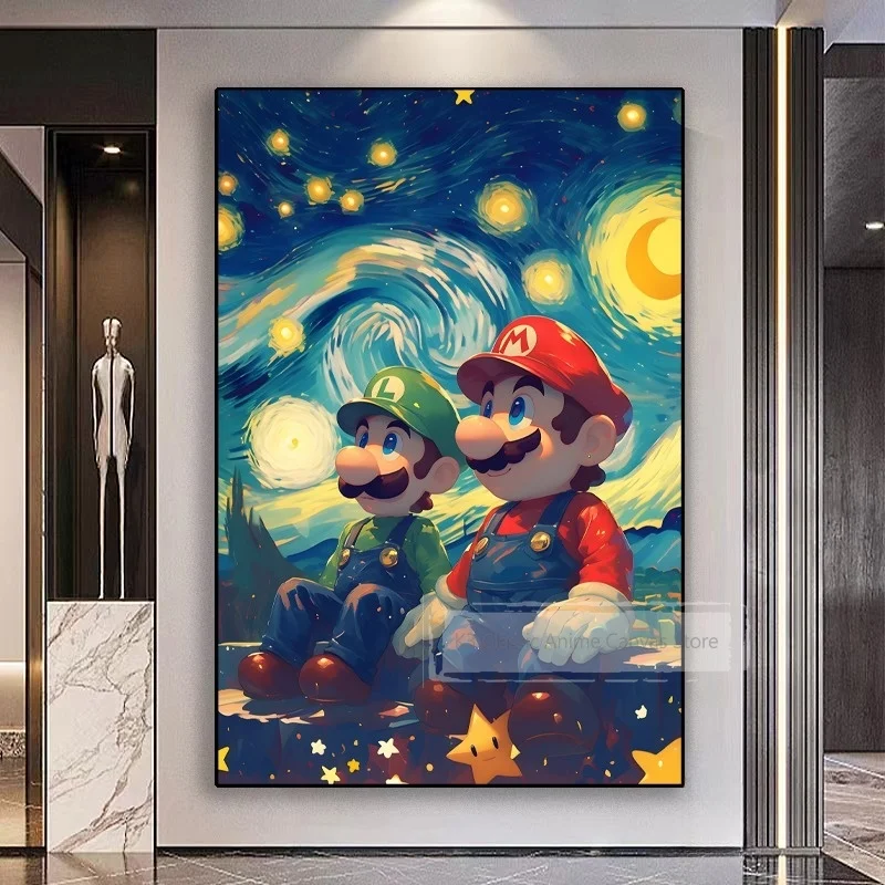 Mario w stylu Gwiaździstej Nocy - plakat do pokoju Czarny