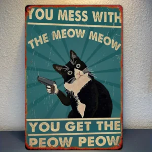Plakat metalowy z kotem - zabawny napis do pokoju Biały
