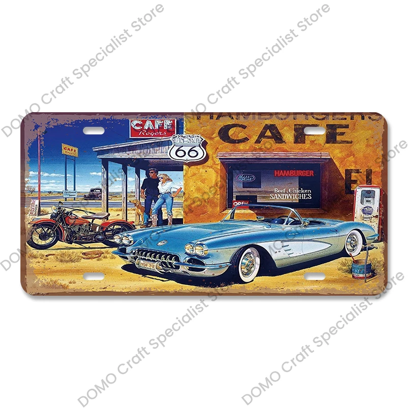 Plakat metalowy Route 66 vintage do garażu Czerwona róża