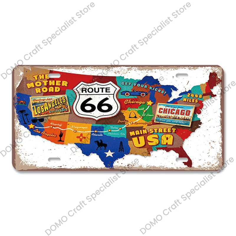 Plakat metalowy Route 66 vintage do garażu Czerwonawo pomarańczowy