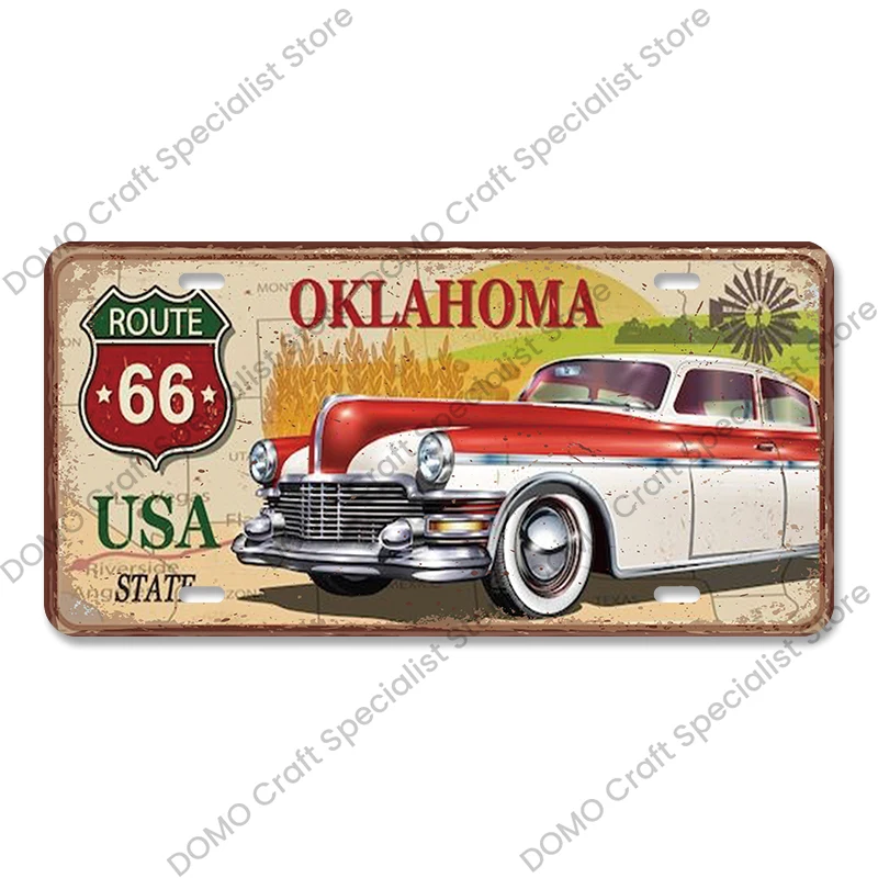 Plakat metalowy Route 66 vintage do garażu Jasny róż