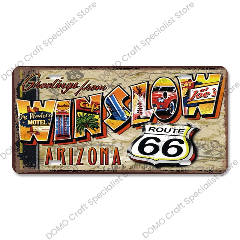 Plakat metalowy Route 66 vintage do garażu Magenta