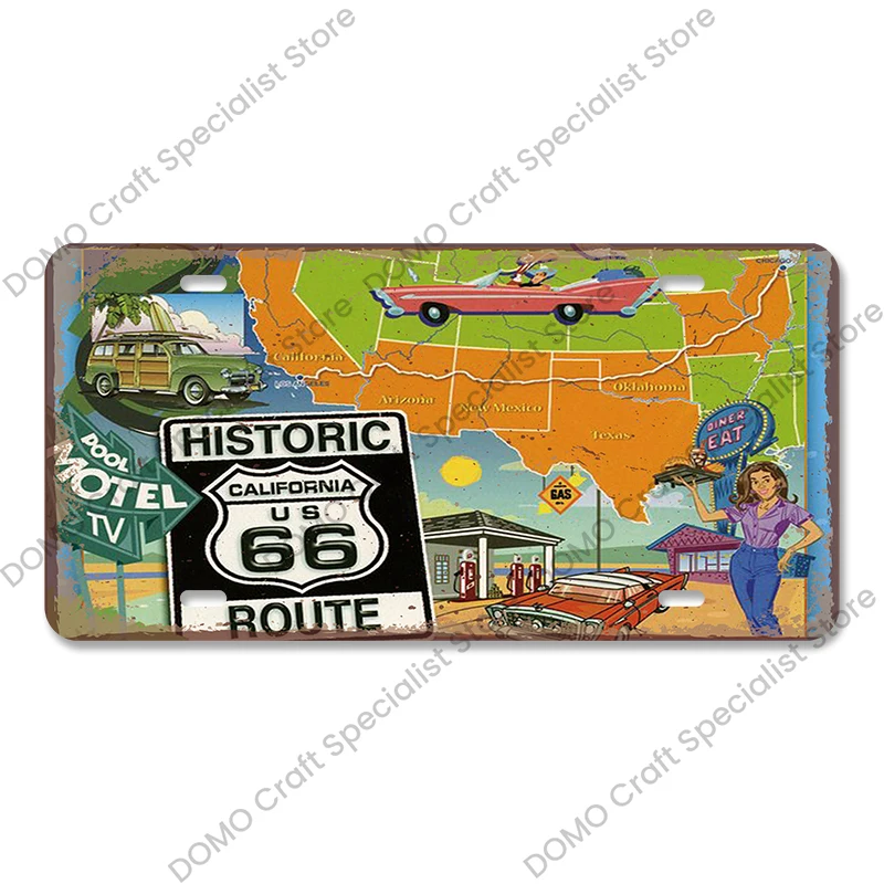 Plakat metalowy Route 66 vintage do garażu Pomarańczowy