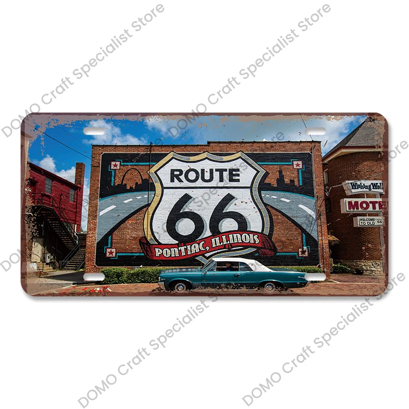 Plakat metalowy Route 66 vintage do garażu żółty