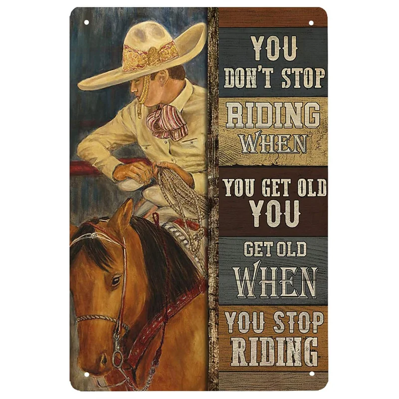 Plakat metalowy Western Cowboy na koniu Burgundia