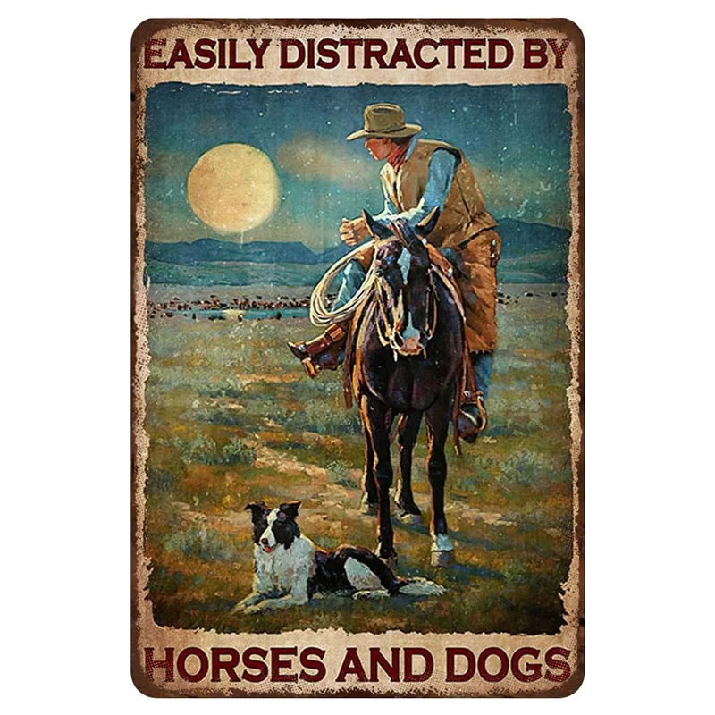 Plakat metalowy Western Cowboy na koniu Granatowy