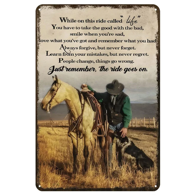Plakat metalowy Western Cowboy na koniu Jasnoszary