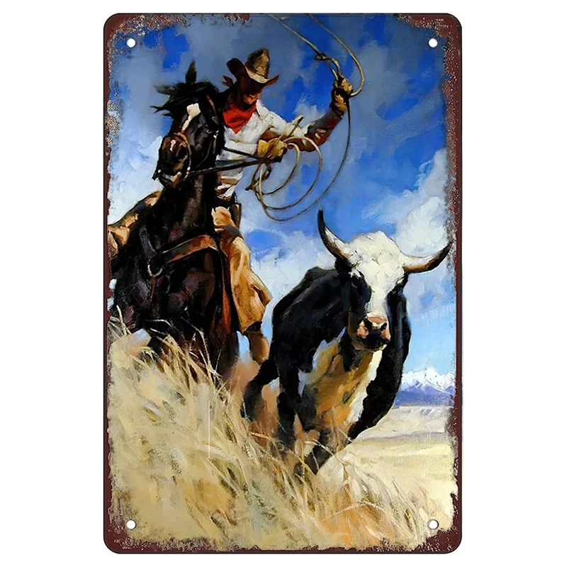 Plakat metalowy Western Cowboy na koniu Jasnozielony