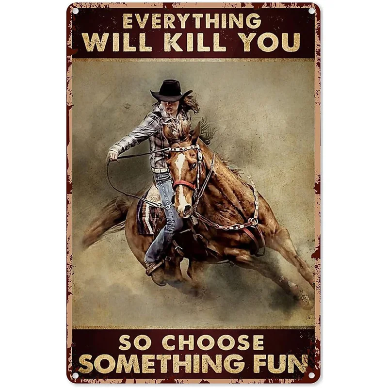 Plakat metalowy Western Cowboy na koniu Jasnożółty