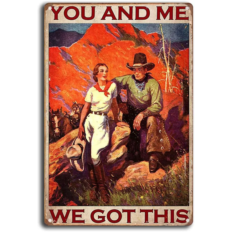 Plakat metalowy Western Cowboy na koniu Niebieski