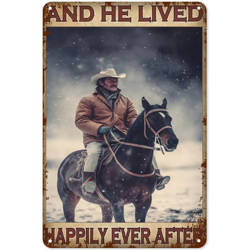Plakat metalowy Western Cowboy na koniu żółty