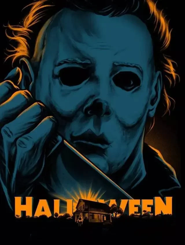 Plakat Michael Myers - horror filmowy na Halloween Fioletowy