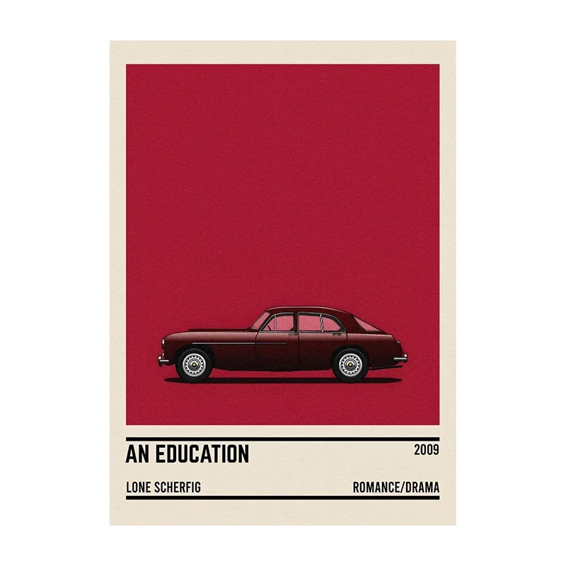 Plakat z minimalistycznym samochodem i cytatem filmowym Ciemny szary