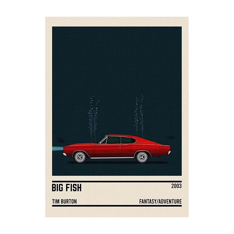Plakat z minimalistycznym samochodem i cytatem filmowym Kawa