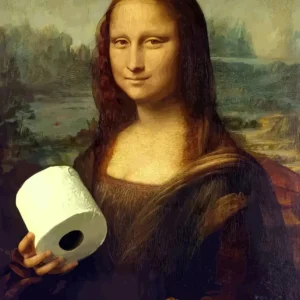 Zabawny plakat Mona Lisa z papierem toaletowym do łazienki Niebieski