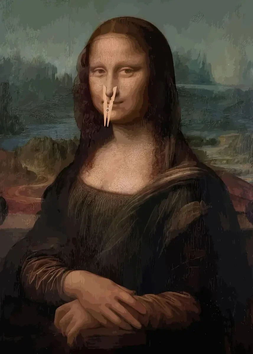 Plakat Mona Lisa z papierem toaletowym do łazienki żółty