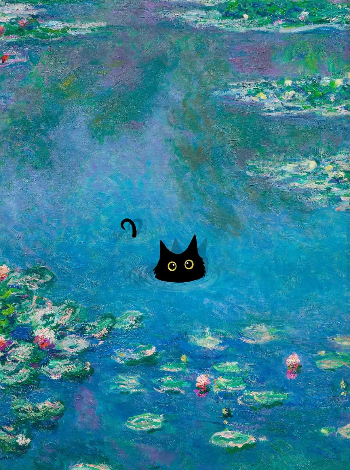 Monet czarny kot i lotos - plakat reprodukcja Granatowy