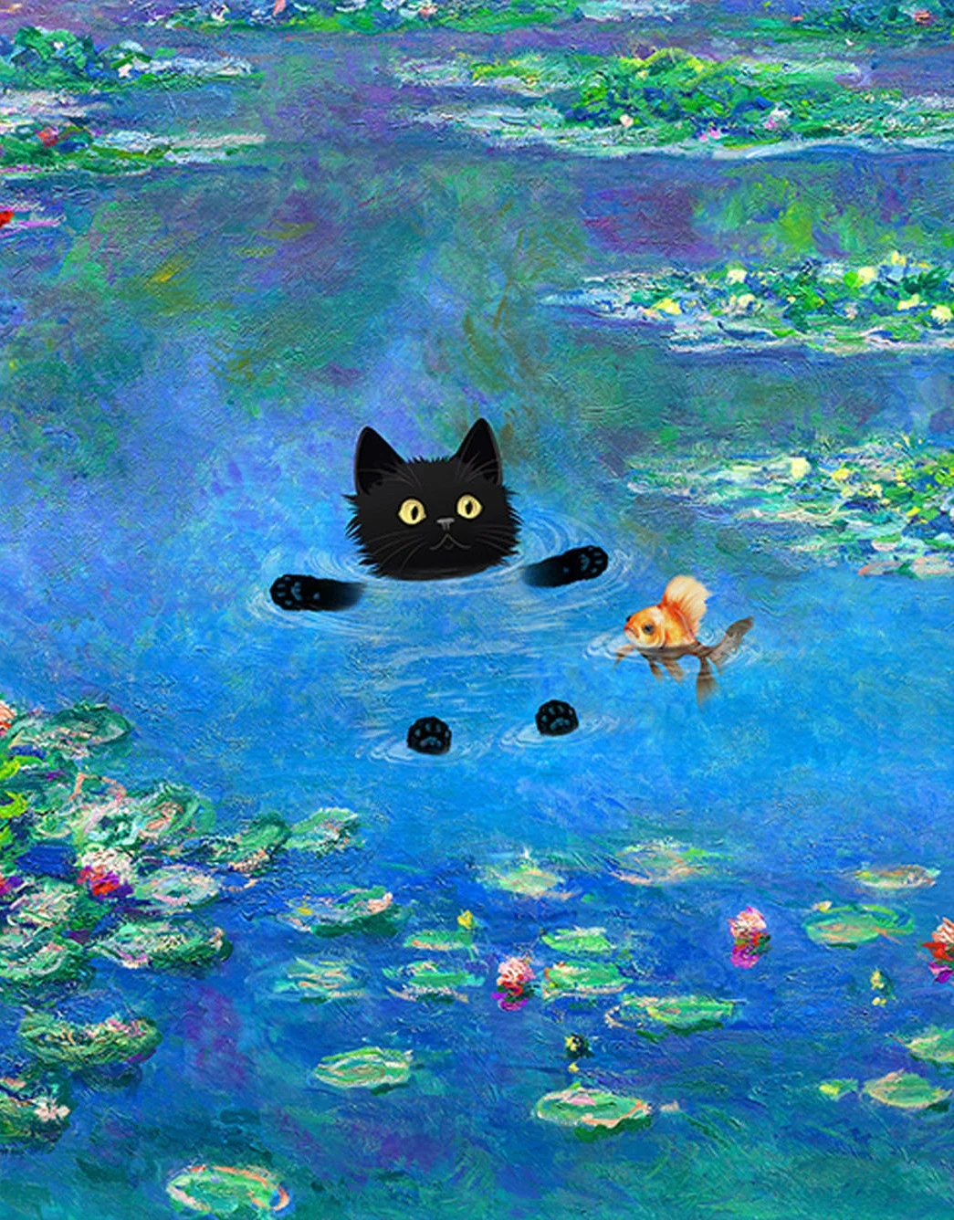 Monet czarny kot i lotos - plakat reprodukcja Zielony