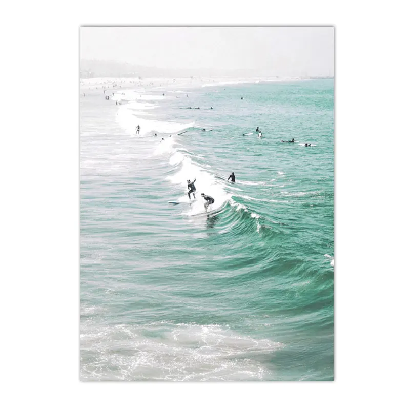 Morze, wschód słońca i deska surfingowa - plakat śliwka
