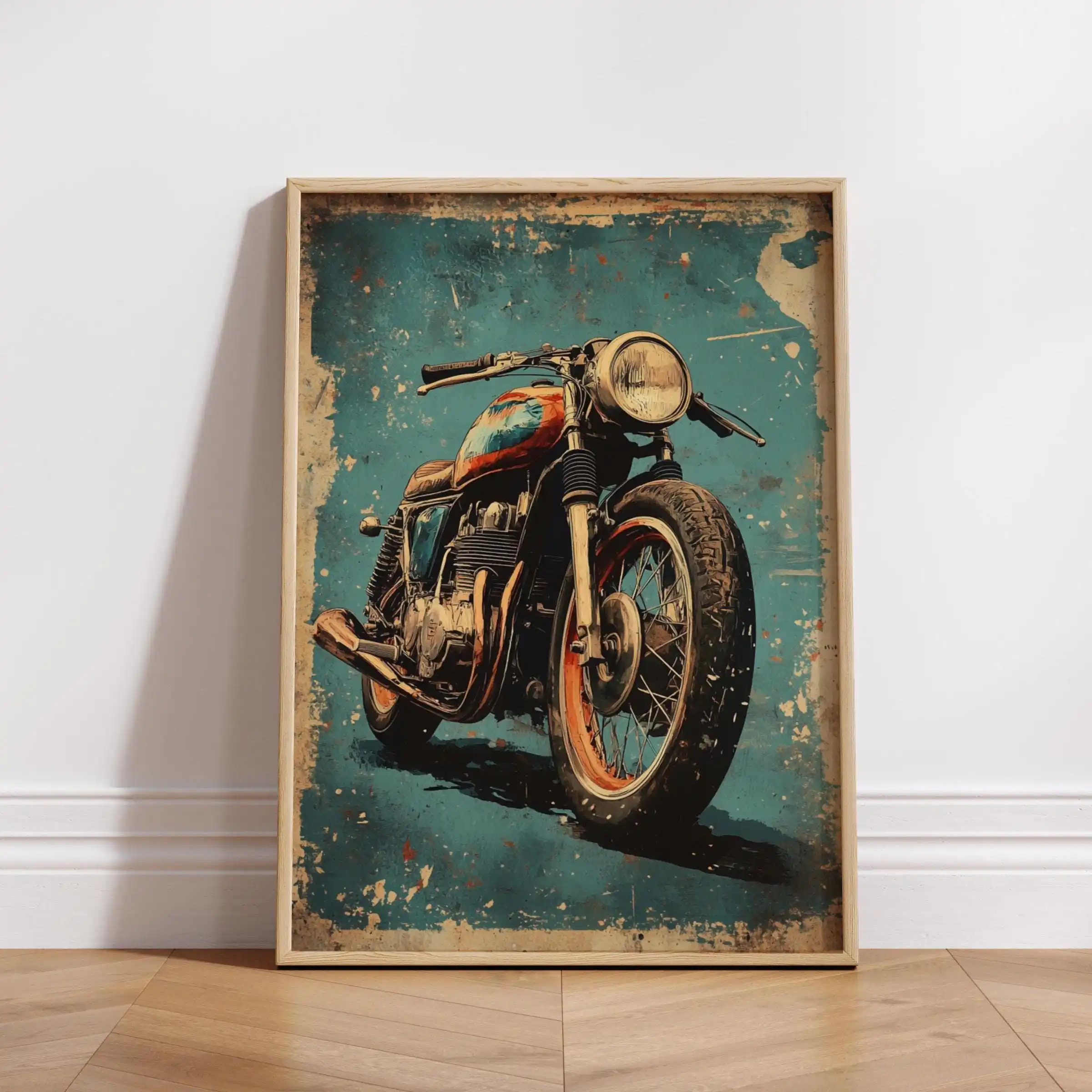 Plakat z motocyklem cafe racer w stylu vintage Fioletowy