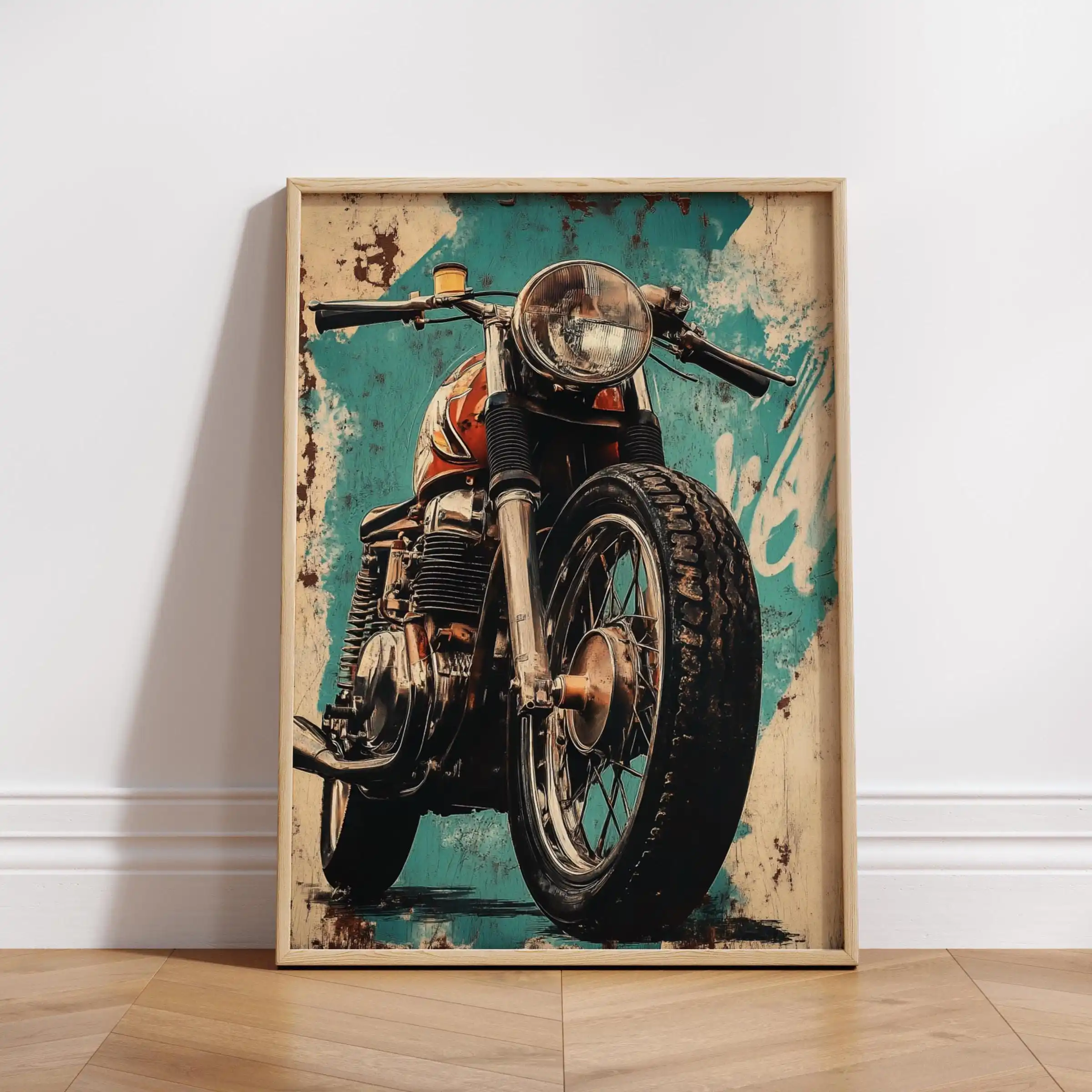 Plakat z motocyklem cafe racer w stylu vintage Jasnoszary