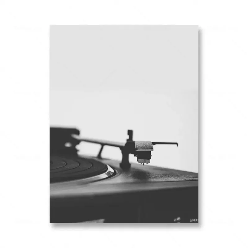 Plakat muzyczny retro z winylem i gitarą czarno-biały 2