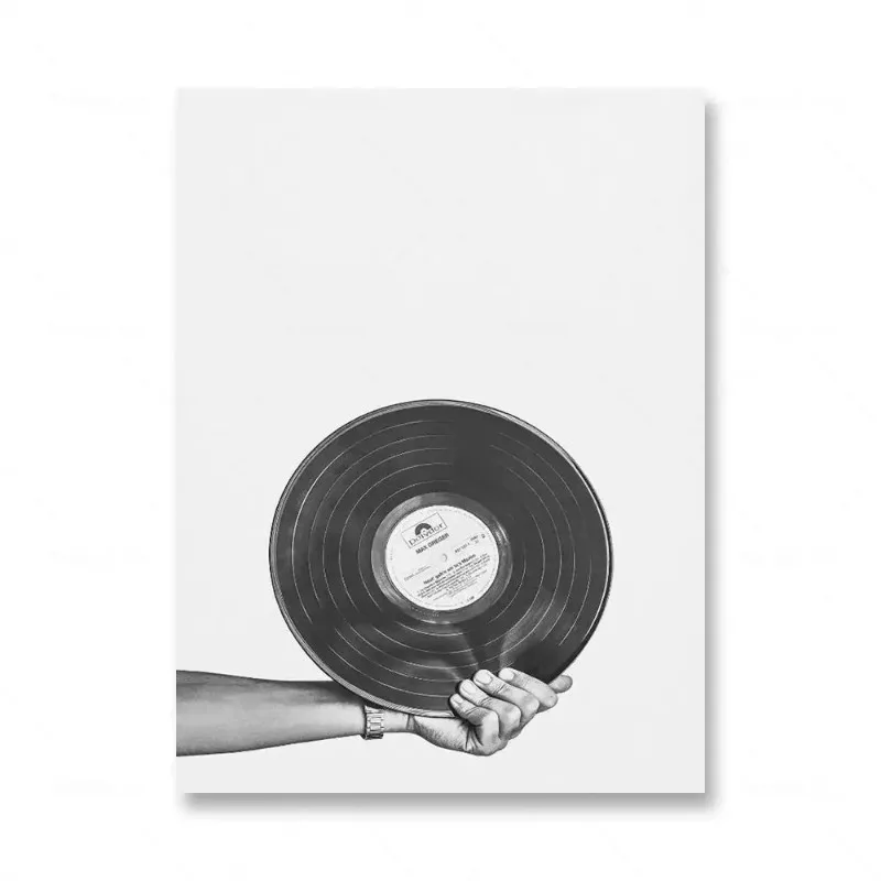 Plakat muzyczny retro z winylem i gitarą czarno-biały 8