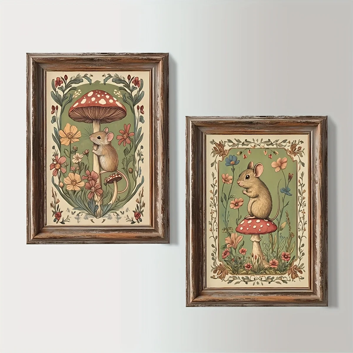 Plakat z myszkami na grzybach w stylu vintage 2pcs
