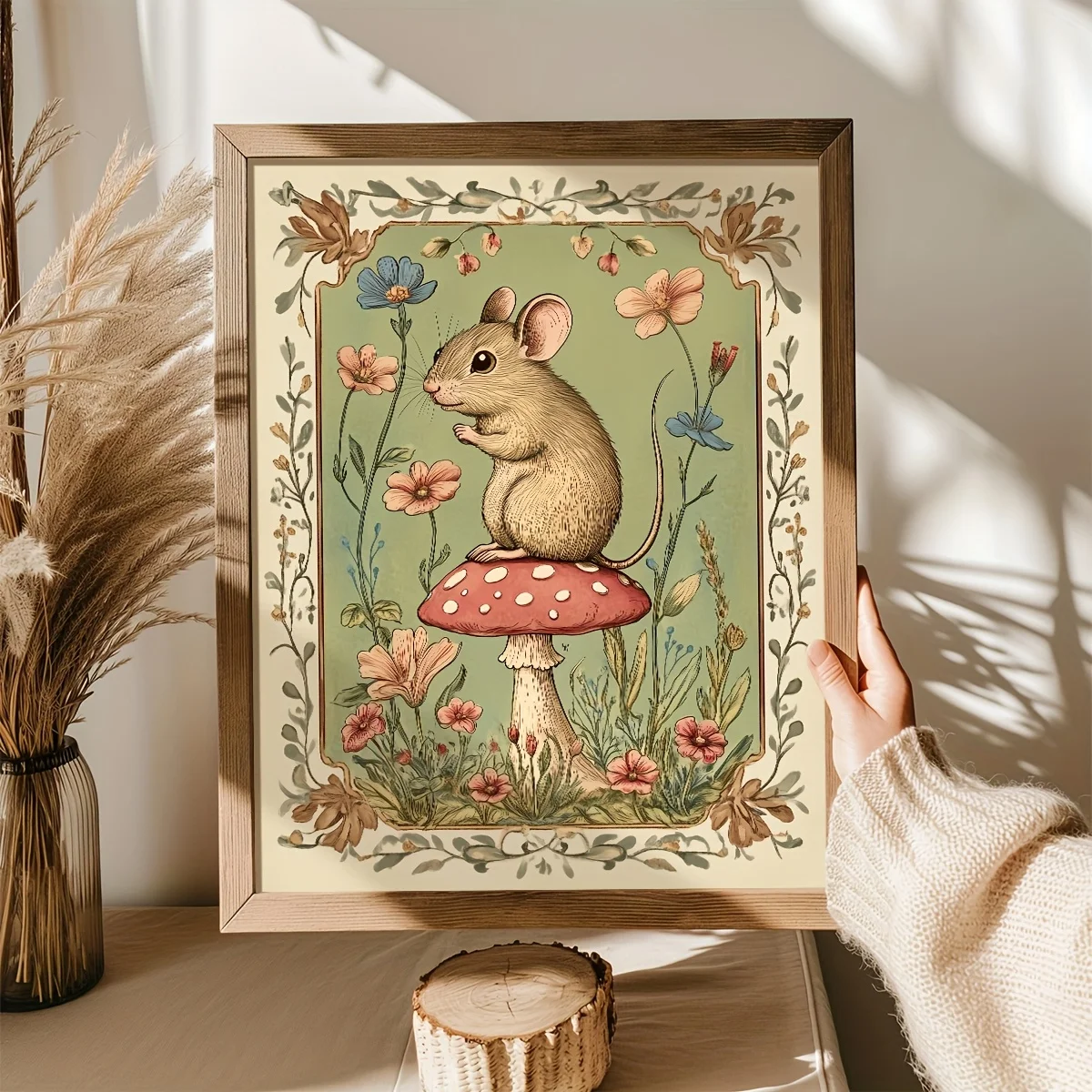 Plakat z myszkami na grzybach w stylu vintage Wzór 1