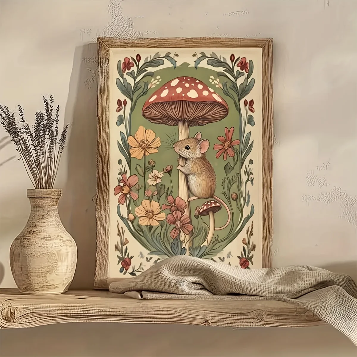 Plakat z myszkami na grzybach w stylu vintage Wzór 2