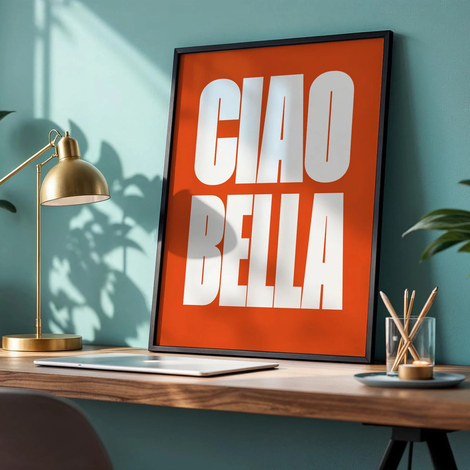 Plakat Ciao Bella - szałwiowa zieleń w paski Beżowy