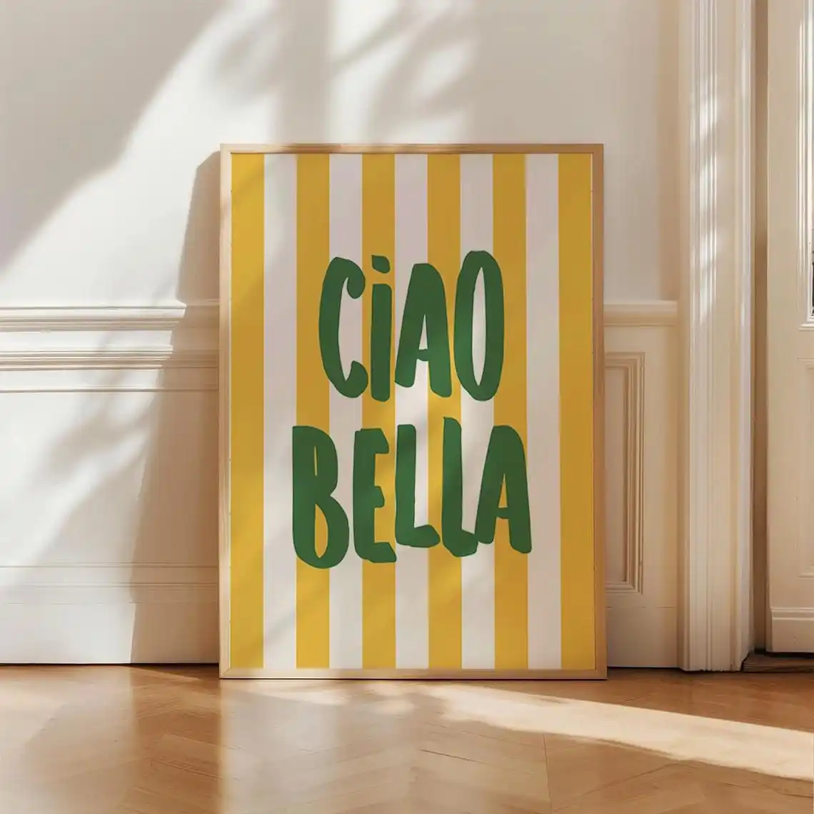 Plakat Ciao Bella - szałwiowa zieleń w paski Czekolada