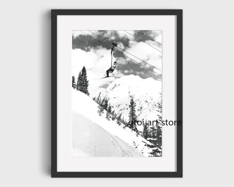 Plakat narciarstwo vintage - czarno-biały Czarny