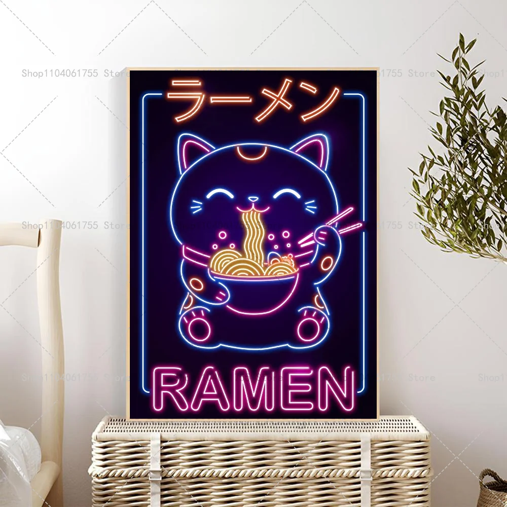 Plakat neon retro kot z ramenem i sushi Biały
